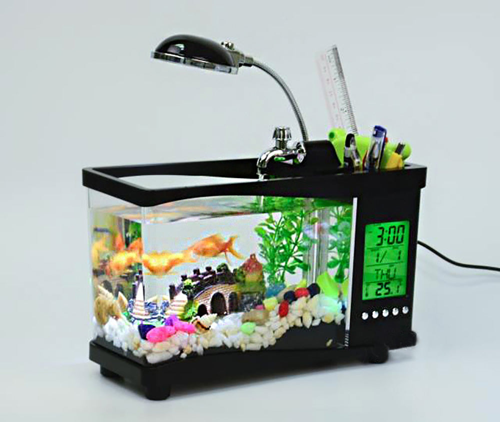 Desktop Aquarium w/LED Screen, Alarm Clock, Desk Lamp, Pencil Holder