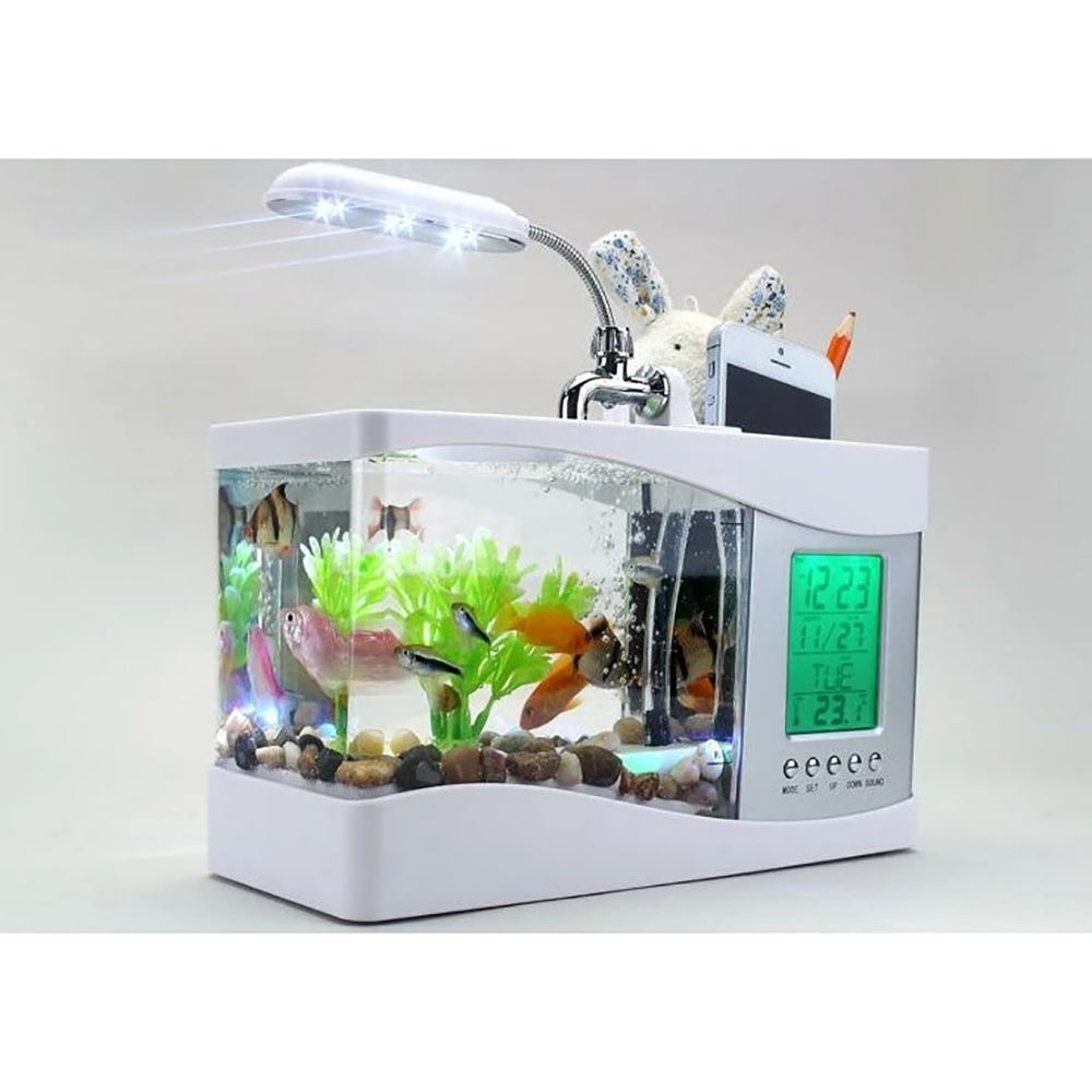 Desktop Aquarium w/LED Screen, Alarm Clock, Desk Lamp, Pencil Holder