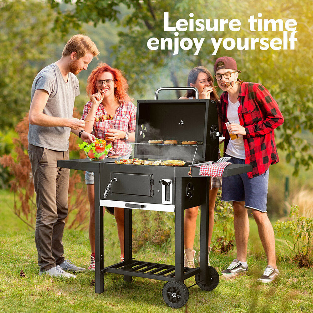 Outdoor Charcoal BBQ Grill Trolley Smoker Portable Cooking Camping Barbecue Set