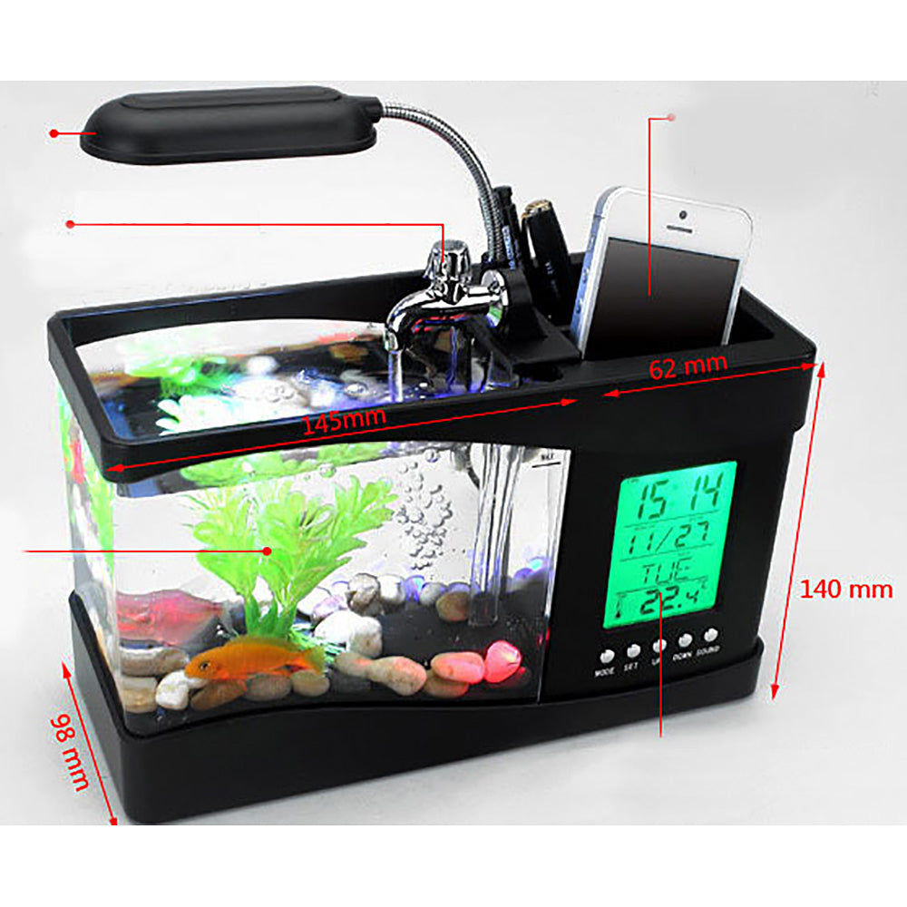 Desktop Aquarium w/LED Screen, Alarm Clock, Desk Lamp, Pencil Holder