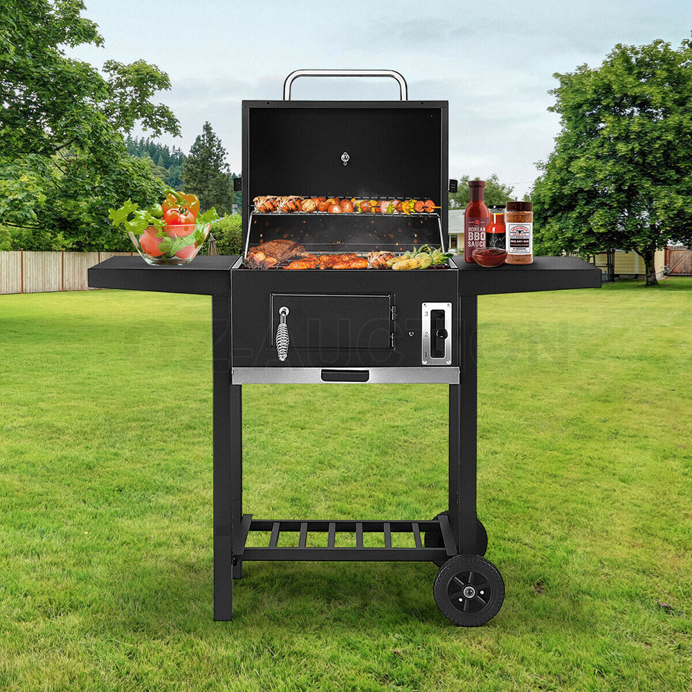 Outdoor Charcoal BBQ Grill Trolley Smoker Portable Cooking Camping Barbecue Set