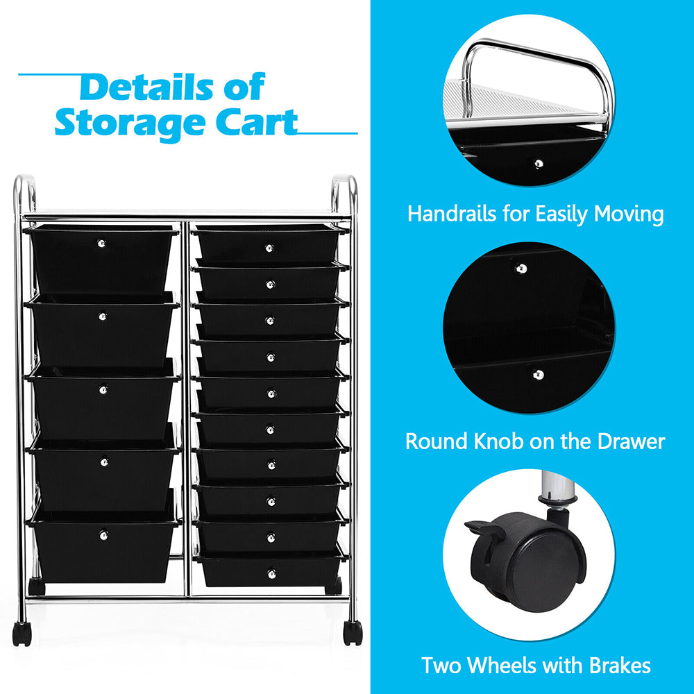 Rolling Storage Cart/Trolley Home & Office  w/ Wheels - 15 Drawers