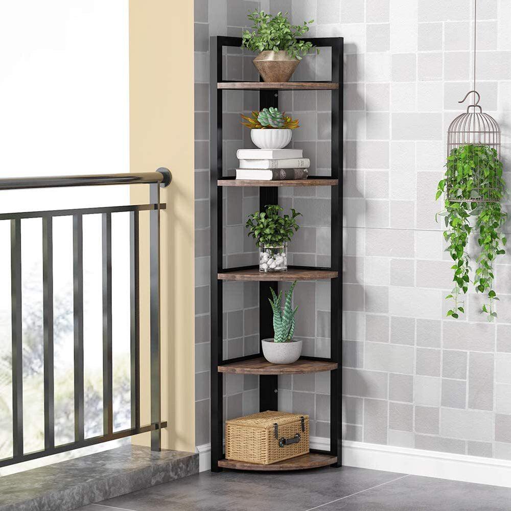 Anya Deluxe Rustic 5 Tier Wooden Corner Shelf Unit