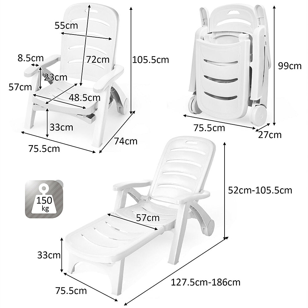 Folding Sun Lounge  - Adjustable Backrest, 2 Wheels & Foldable Footrest